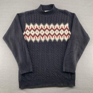 Vintage Russ Sweater Womens Small Blue Fair Isle Mock Neck Cable‎ Knit Pullover